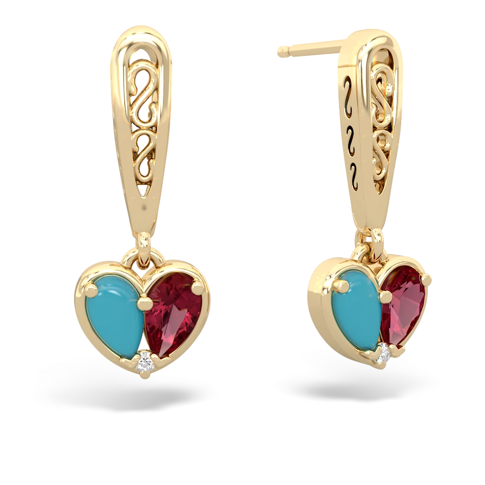 Turquoise Filligree Heart 14K Yellow Gold earrings E5070