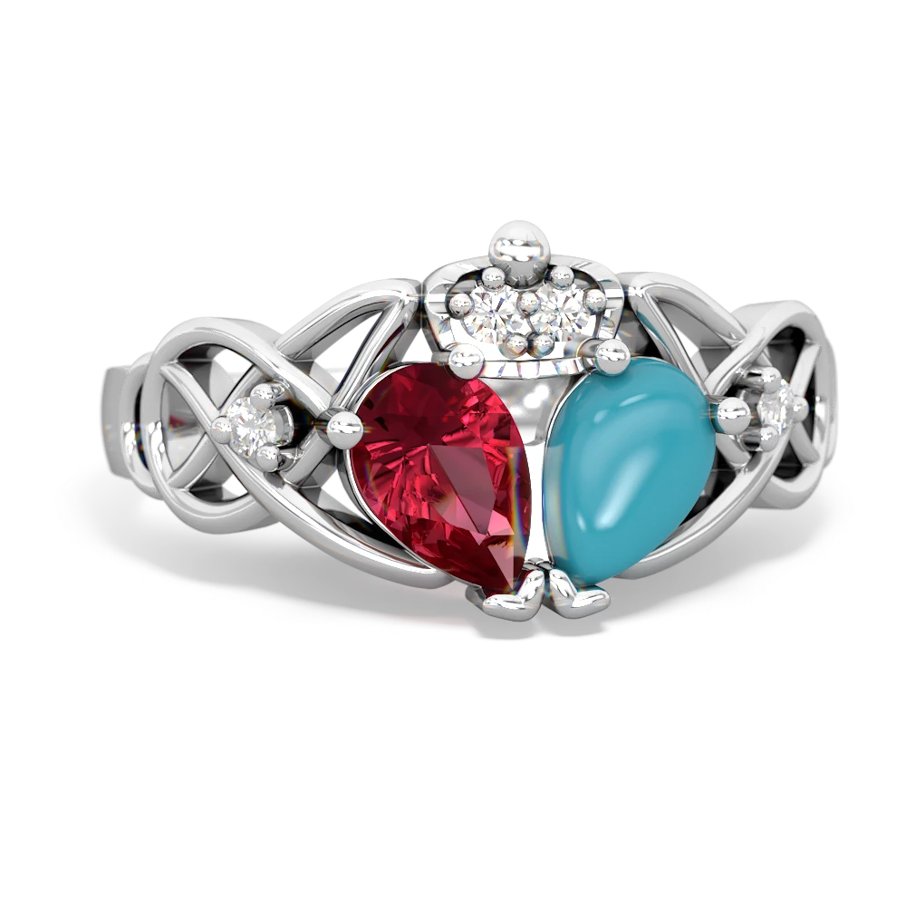 Turquoise 'One Heart' Celtic Knot Claddagh 14K White Gold ring R5322