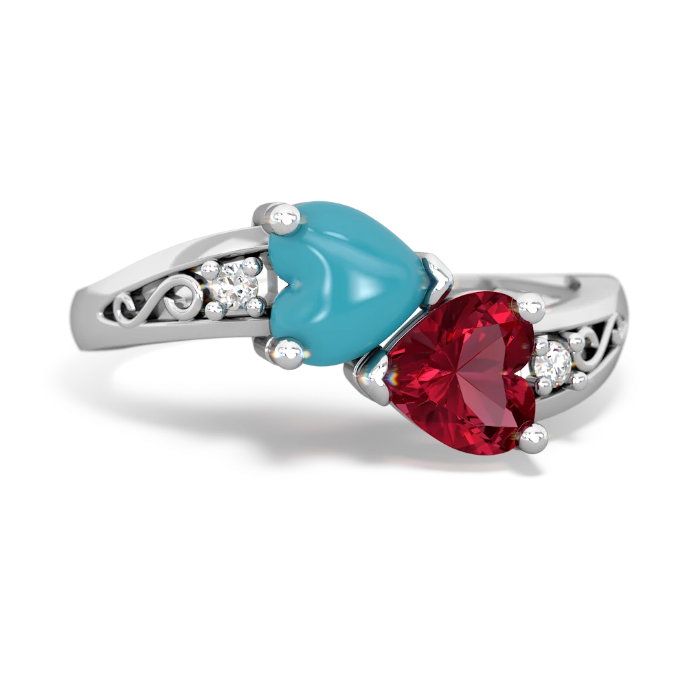 Turquoise Snuggling Hearts 14K White Gold ring R2178