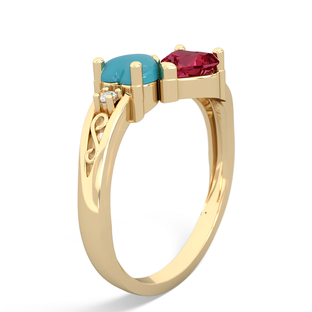 Turquoise Snuggling Hearts 14K Yellow Gold ring R2178