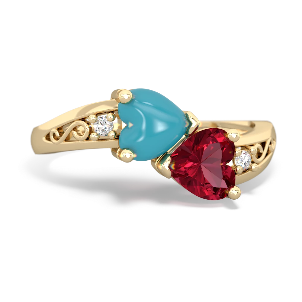 Turquoise Snuggling Hearts 14K Yellow Gold ring R2178