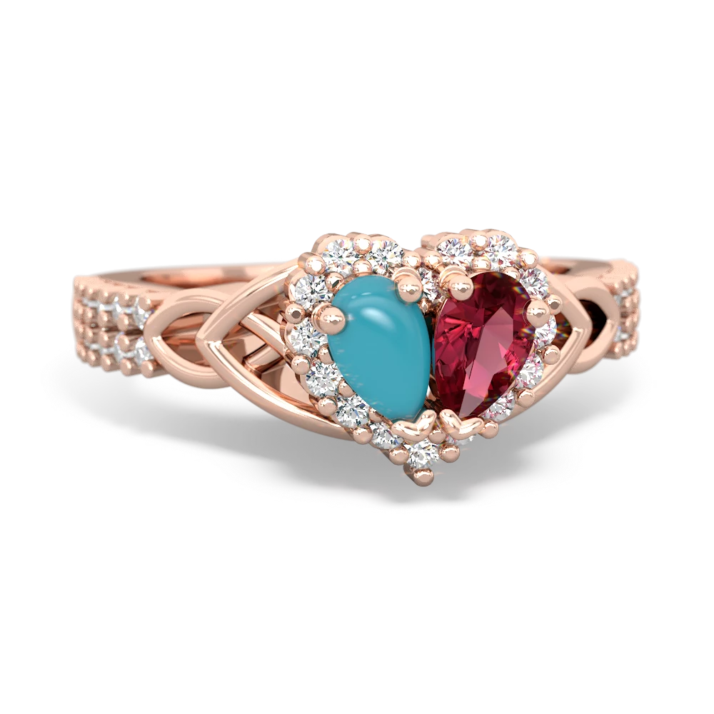 Turquoise Celtic Knot Two Hearts As One 14K Rose Gold ring R2644HRT