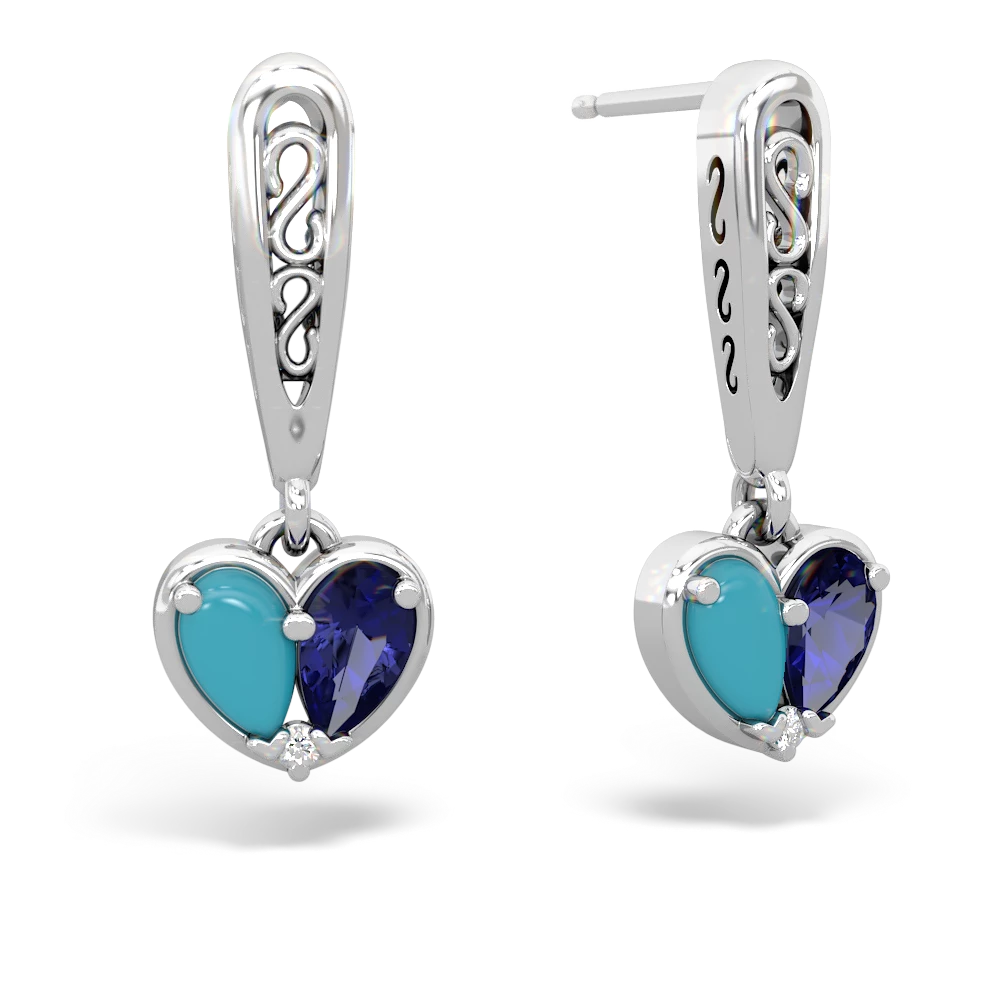 Turquoise Filligree Heart 14K White Gold earrings E5070