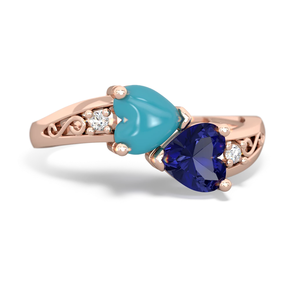 Turquoise Snuggling Hearts 14K Rose Gold ring R2178