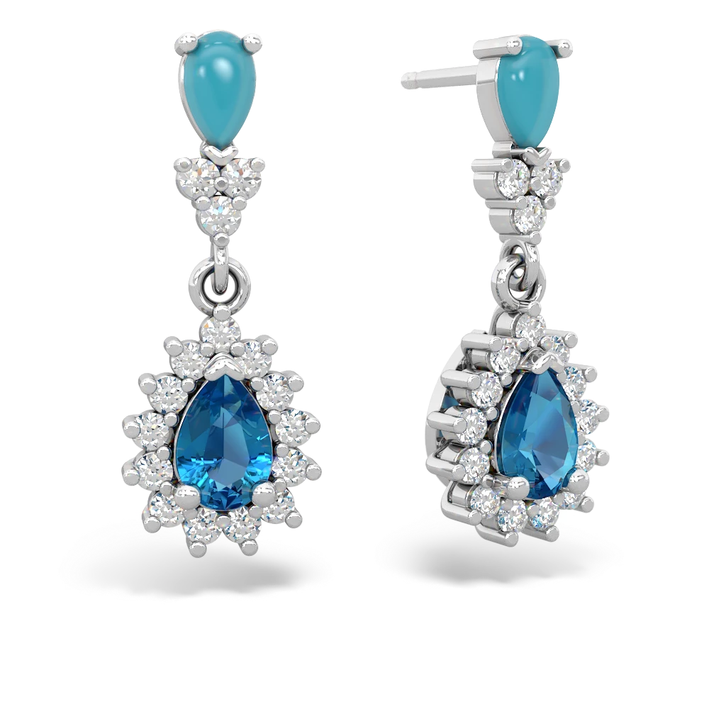 Turquoise Halo Pear Dangle 14K White Gold earrings E1882