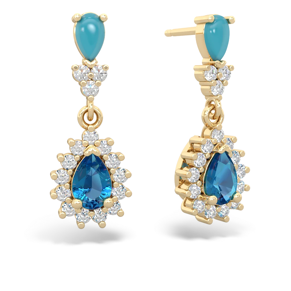 Turquoise Halo Pear Dangle 14K Yellow Gold earrings E1882