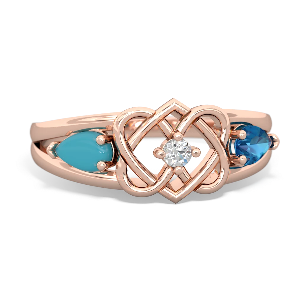 Turquoise Hearts Intertwined 14K Rose Gold ring R5880