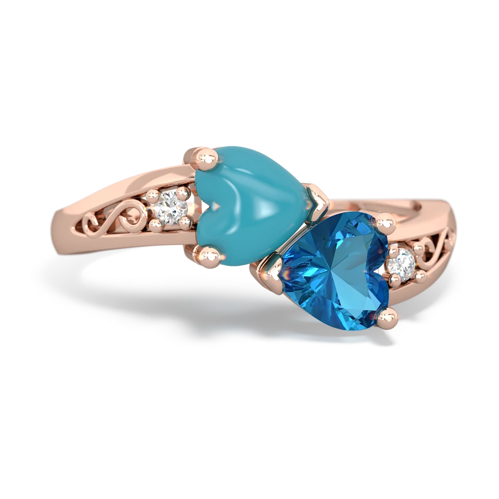 Turquoise Snuggling Hearts 14K Rose Gold ring R2178