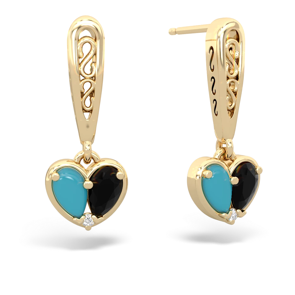 Turquoise Filligree Heart 14K Yellow Gold earrings E5070