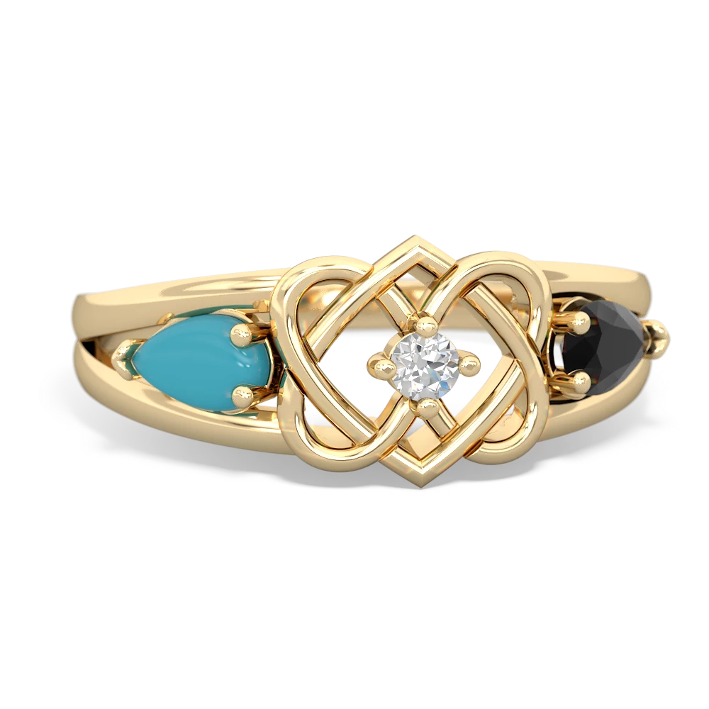Turquoise Hearts Intertwined 14K Yellow Gold ring R5880
