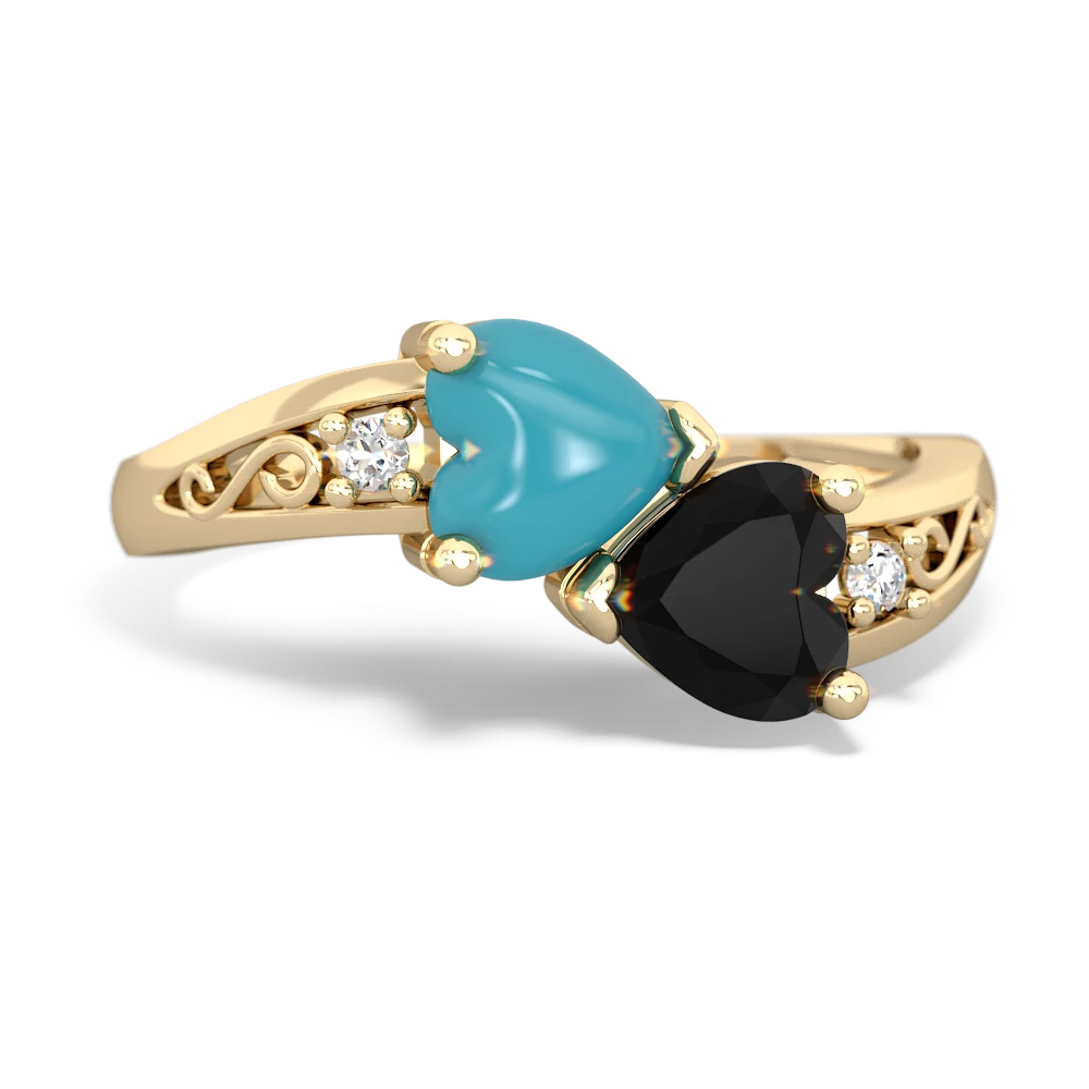 Turquoise Snuggling Hearts 14K Yellow Gold ring R2178