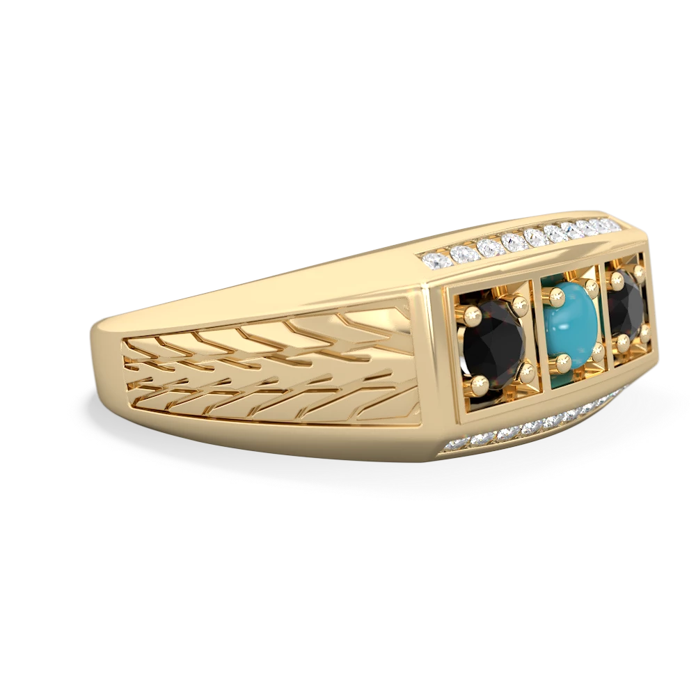 Turquoise Three Stone Tire Tread Men's 14K Yellow Gold ring R0520