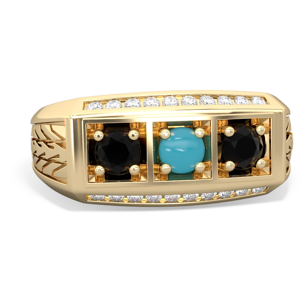 Turquoise Three Stone Tire Tread Men's 14K Yellow Gold ring R0520