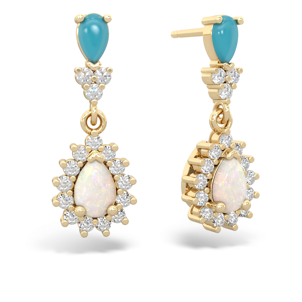 Turquoise Halo Pear Dangle 14K Yellow Gold earrings E1882