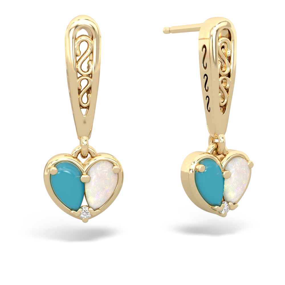 Turquoise Filligree Heart 14K Yellow Gold earrings E5070
