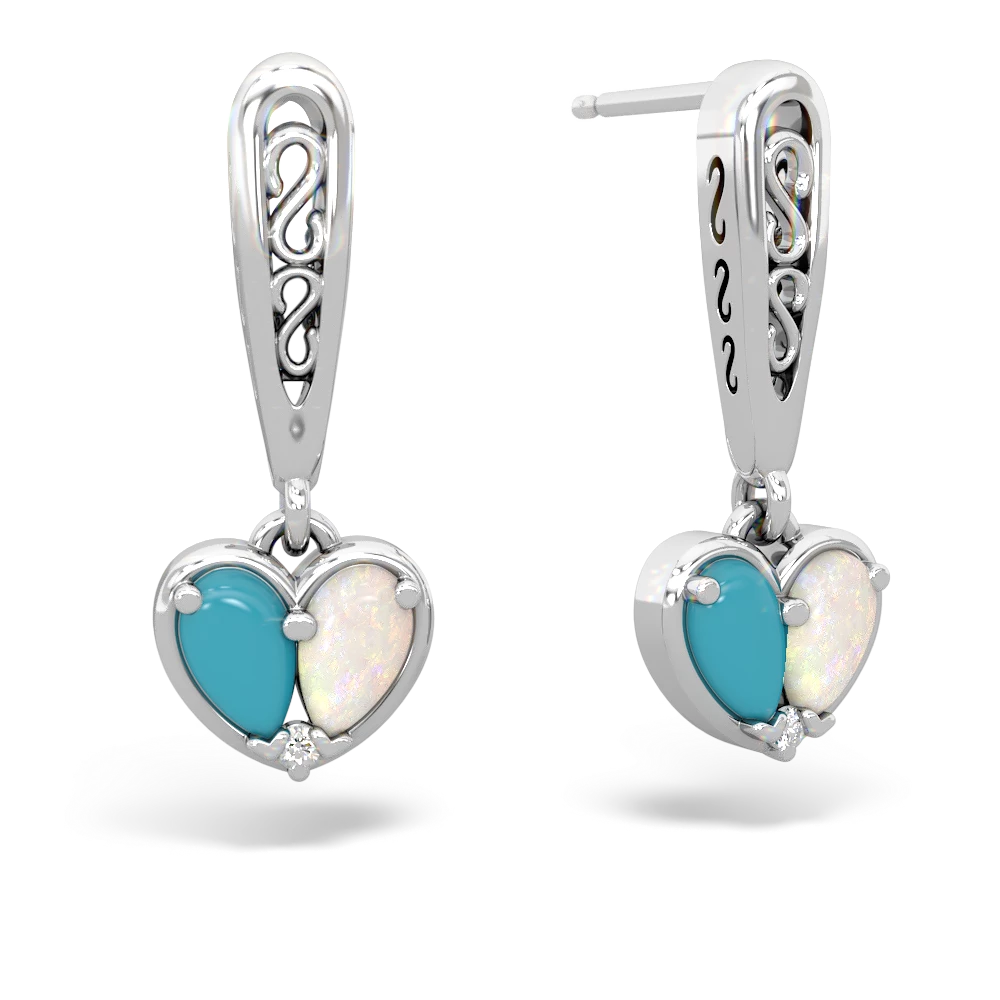 Turquoise Filligree Heart 14K White Gold earrings E5070