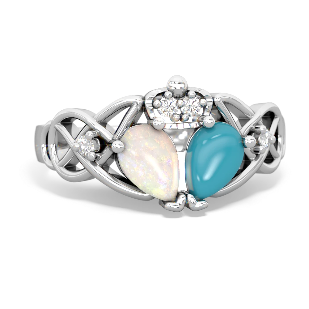 Turquoise 'One Heart' Celtic Knot Claddagh 14K White Gold ring R5322