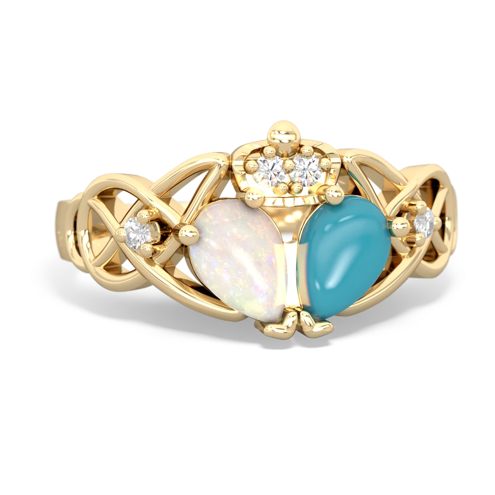 Turquoise 'One Heart' Celtic Knot Claddagh 14K Yellow Gold ring R5322