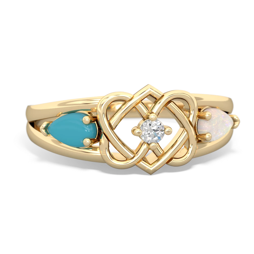 Turquoise Hearts Intertwined 14K Yellow Gold ring R5880