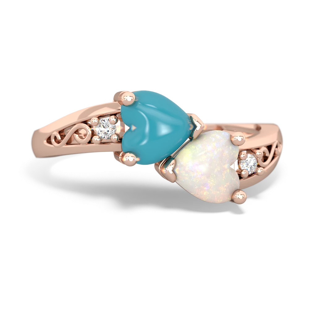 Turquoise Snuggling Hearts 14K Rose Gold ring R2178