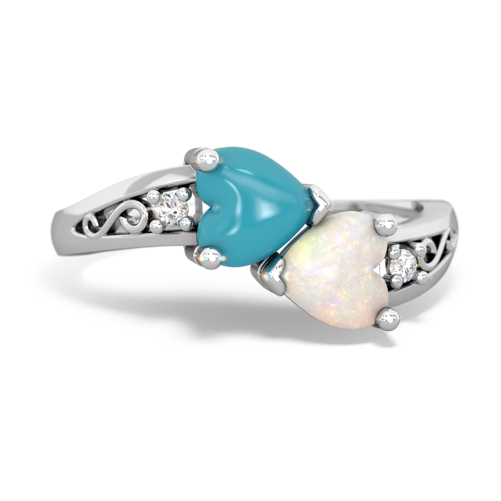 Turquoise Snuggling Hearts 14K White Gold ring R2178