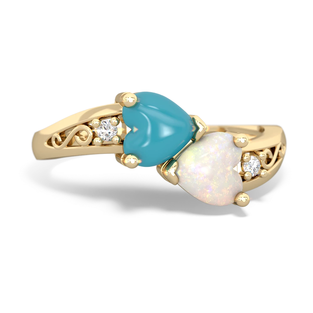 Turquoise Snuggling Hearts 14K Yellow Gold ring R2178