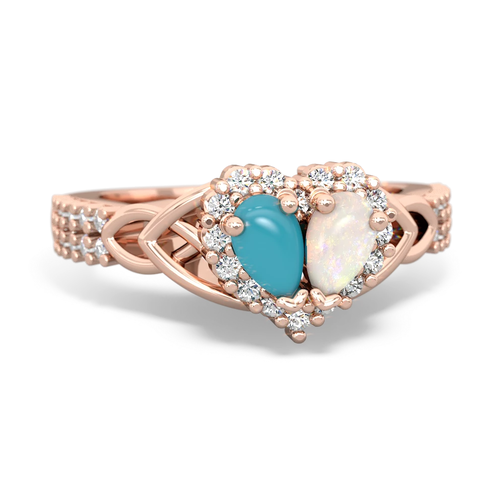 Turquoise Celtic Knot Two Hearts As One 14K Rose Gold ring R2644HRT