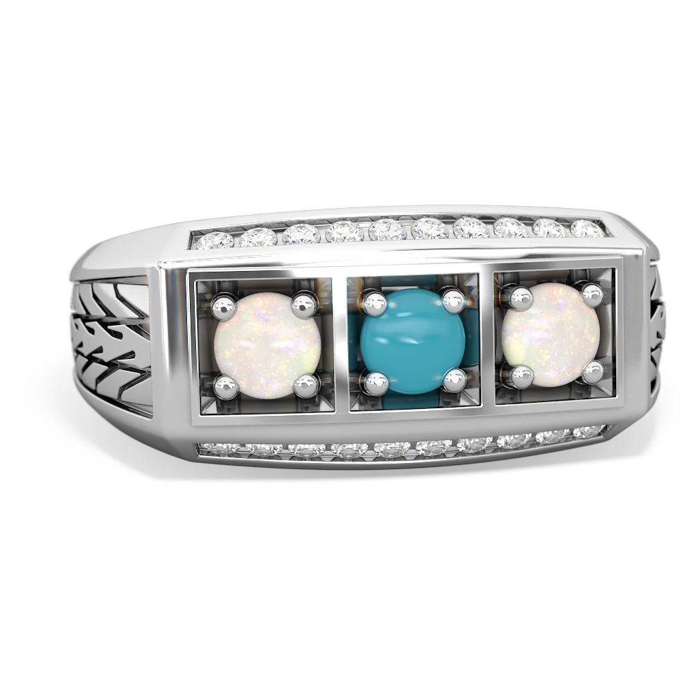 Turquoise Three Stone Tire Tread Men's 14K White Gold ring R0520