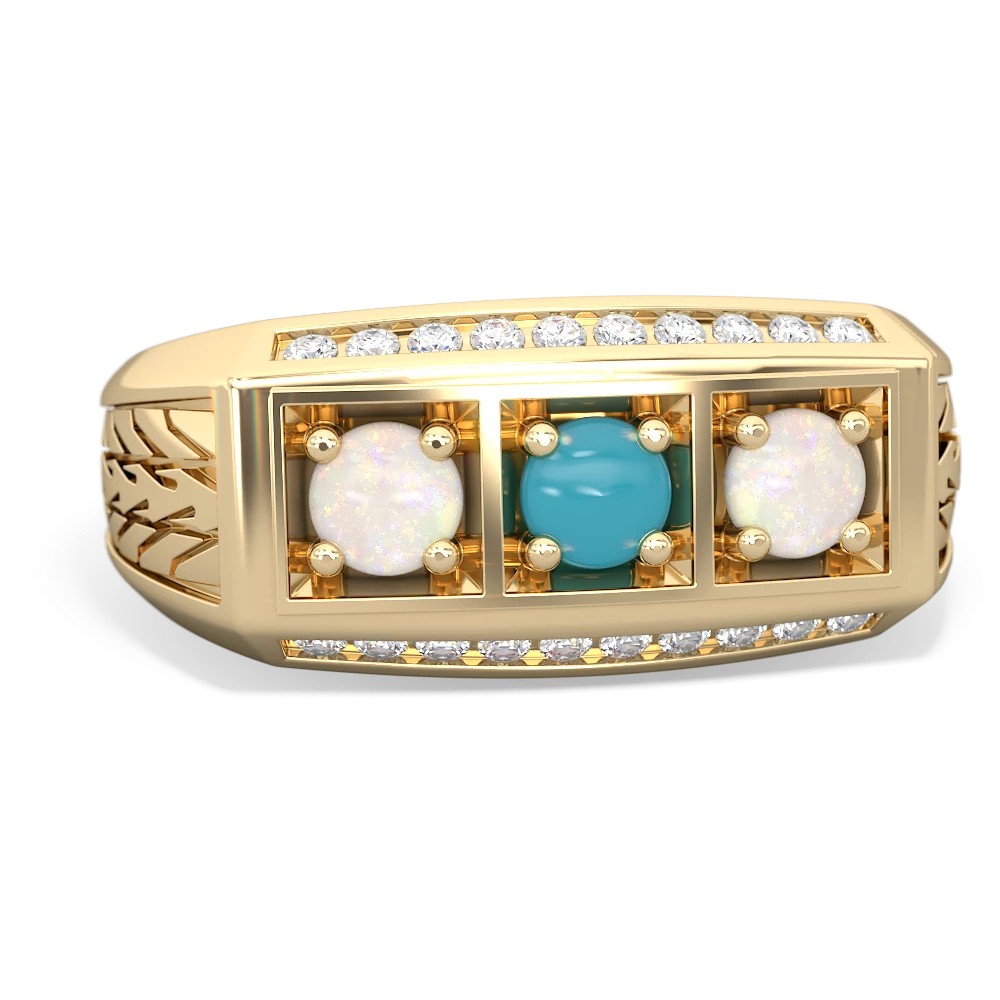 Turquoise Three Stone Tire Tread Men's 14K Yellow Gold ring R0520