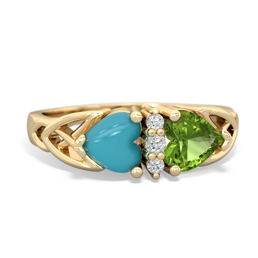 Turquoise Celtic Knot Double Heart 14K Yellow Gold ring R5040