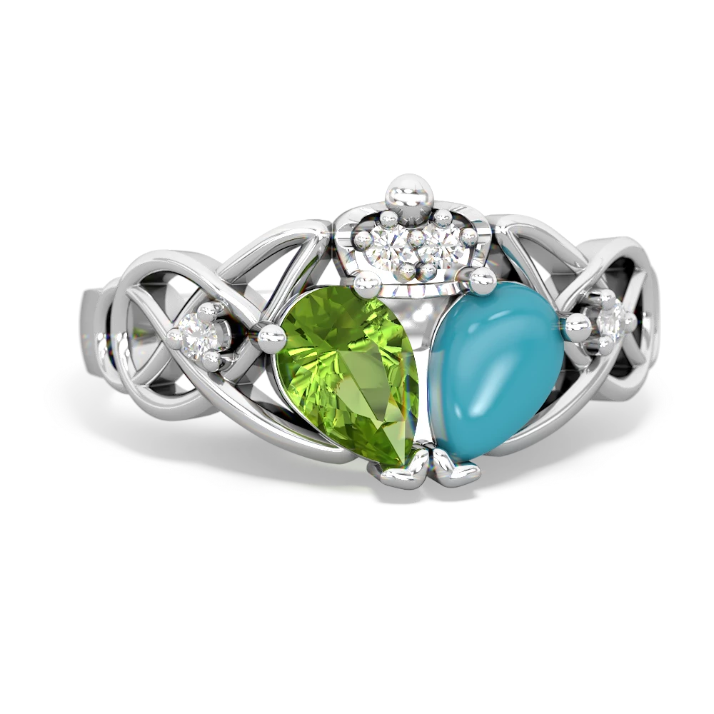 Turquoise 'One Heart' Celtic Knot Claddagh 14K White Gold ring R5322