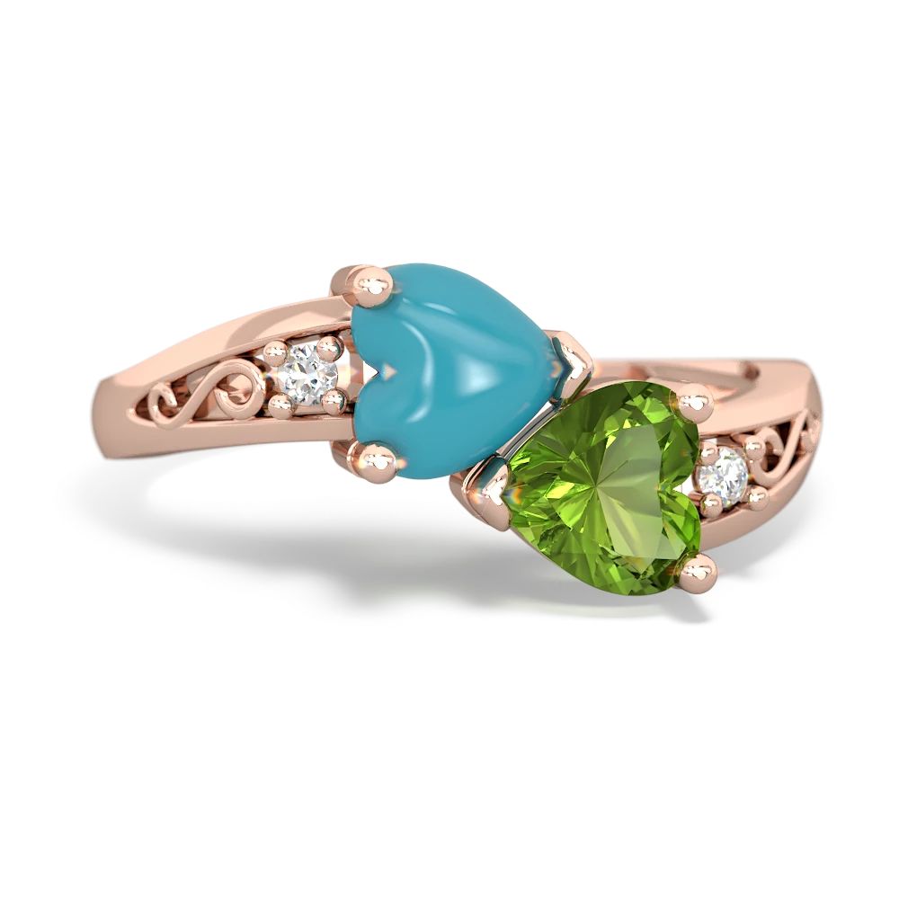 Turquoise Snuggling Hearts 14K Rose Gold ring R2178