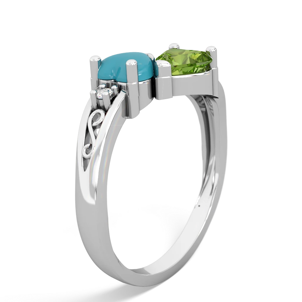 Turquoise Snuggling Hearts 14K White Gold ring R2178