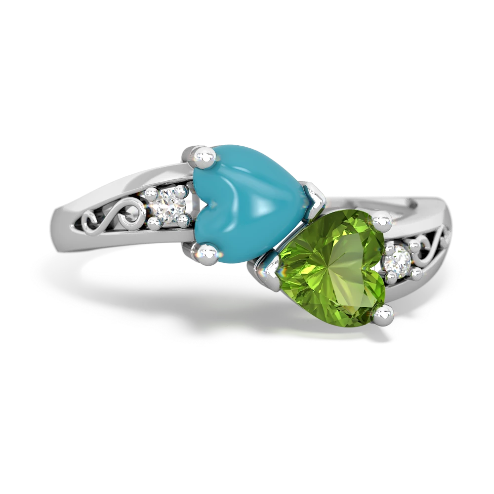 Turquoise Snuggling Hearts 14K White Gold ring R2178