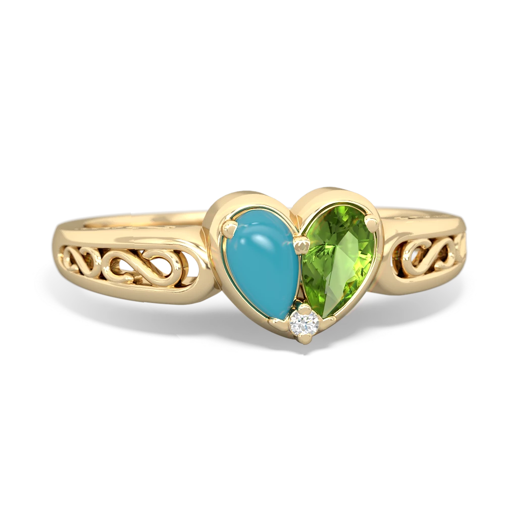 Turquoise Filligree 'One Heart' 14K Yellow Gold ring R5070