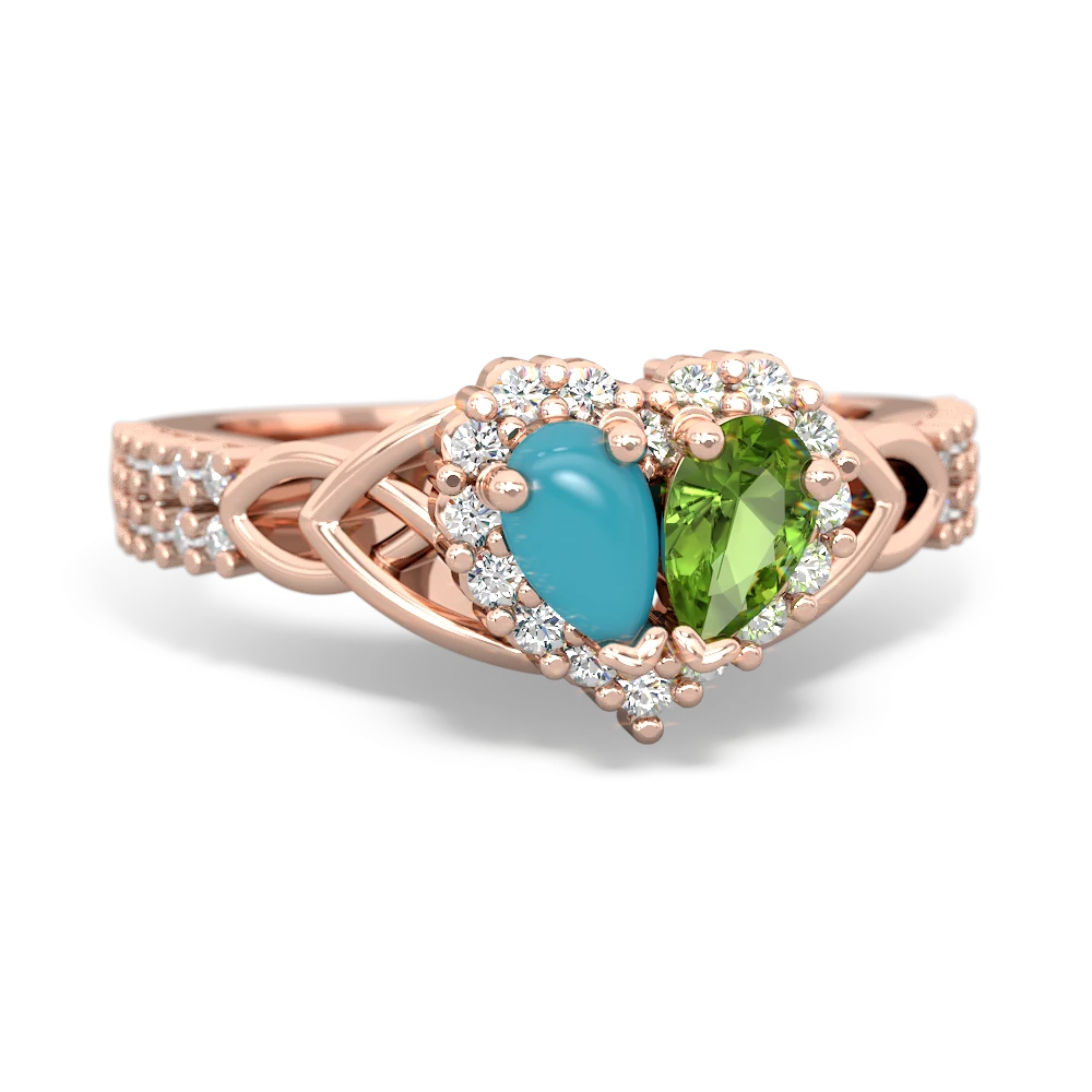 Turquoise Celtic Knot Two Hearts As One 14K Rose Gold ring R2644HRT