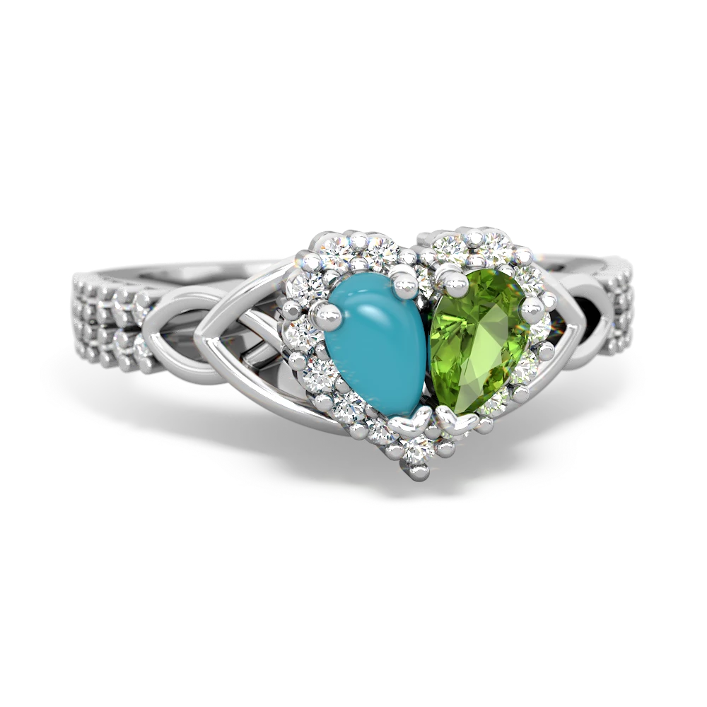 Turquoise Celtic Knot Two Hearts As One 14K White Gold ring R2644HRT