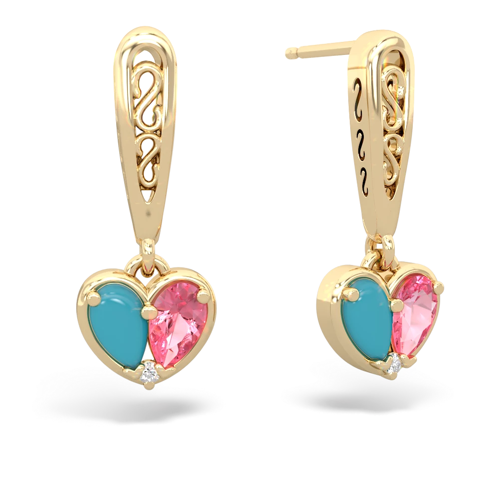 Turquoise Filligree Heart 14K Yellow Gold earrings E5070