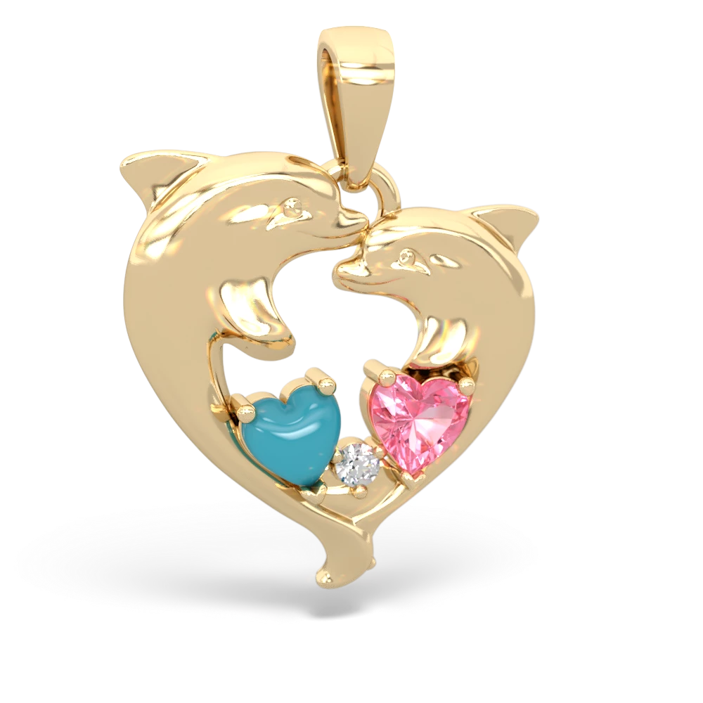 Turquoise Dolphin Heart 14K Yellow Gold pendant P5820