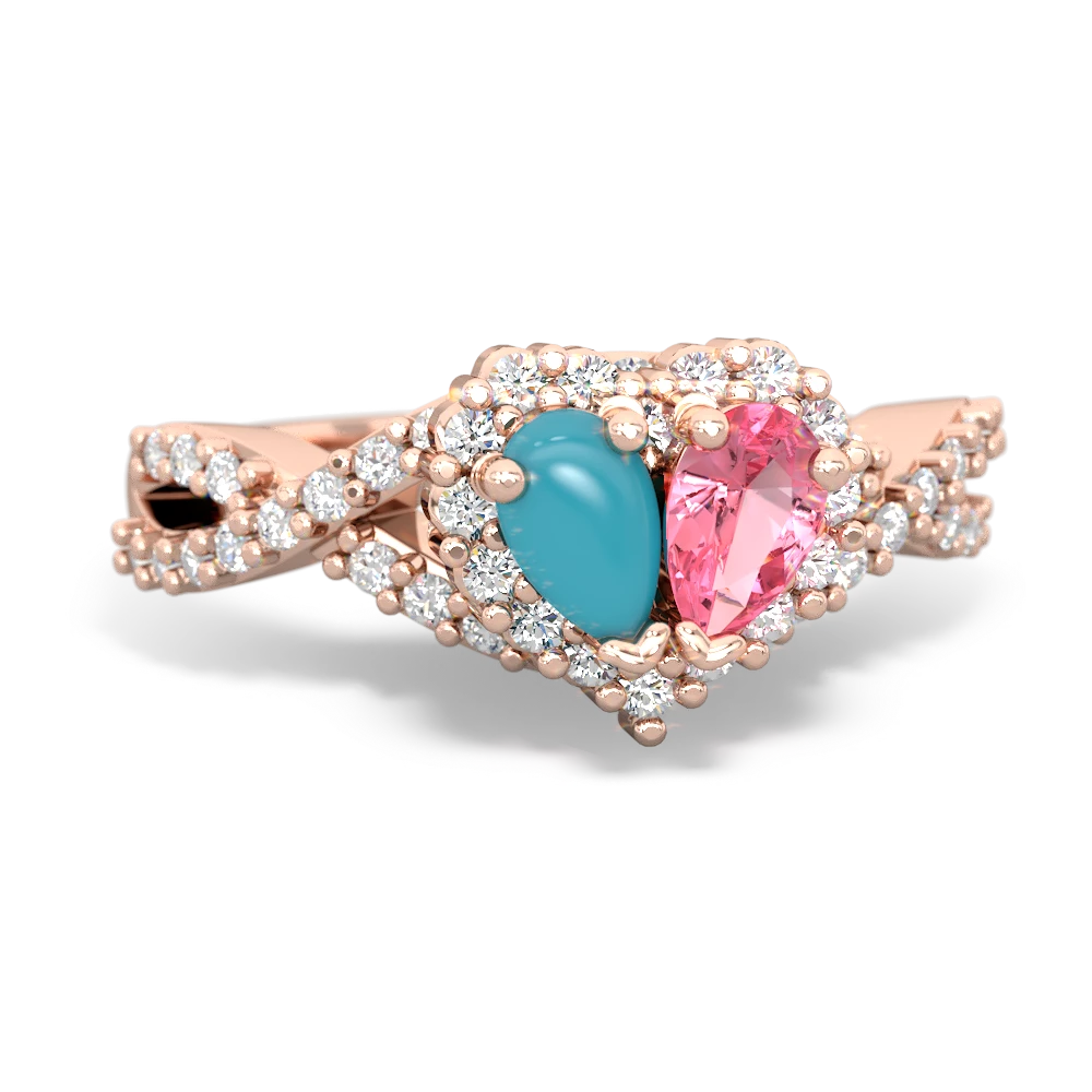 Turquoise Lab Pink Sapphire Diamond Twist One Heart ring 14K