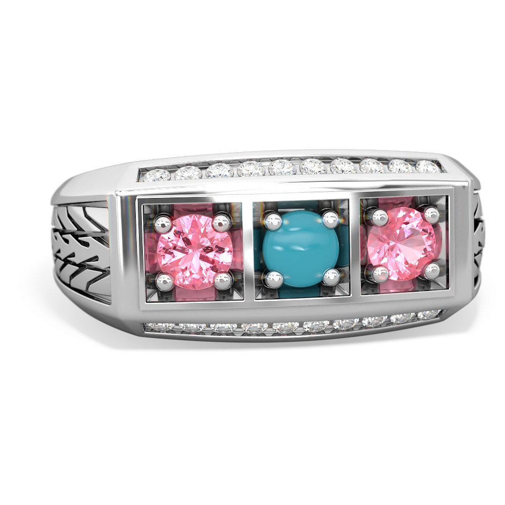 Turquoise Three Stone Tire Tread Men's 14K White Gold ring R0520