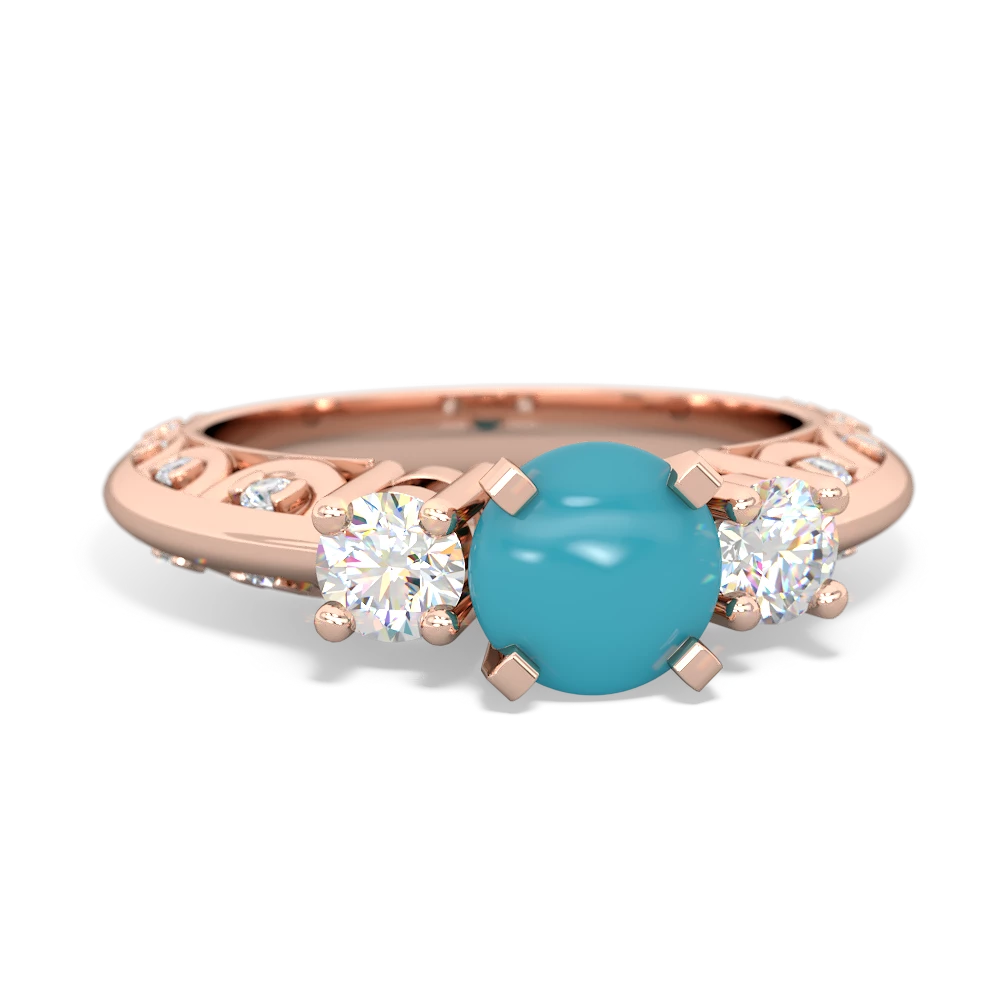 Turquoise Art Deco Diamond 6Mm Round Engagment 14K Rose Gold ring R2003