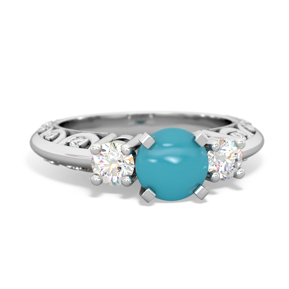 Turquoise Art Deco Diamond 6Mm Round Engagment 14K White Gold ring R2003