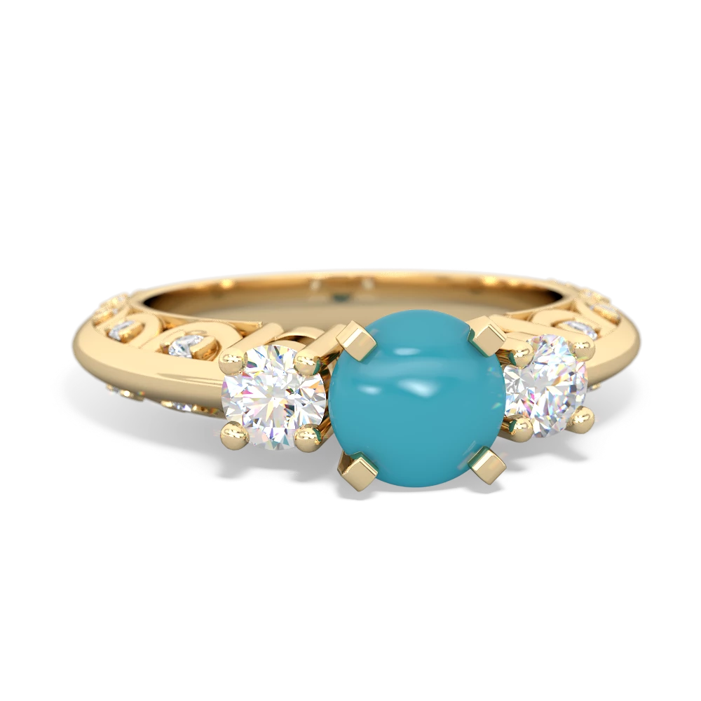 Turquoise Art Deco Diamond 6Mm Round Engagment 14K Yellow Gold ring R2003