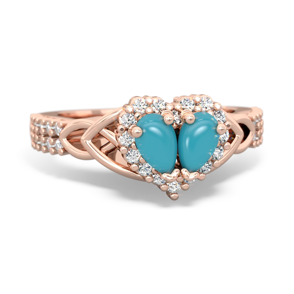 Turquoise Celtic Knot Two Hearts As One 14K Rose Gold ring R2644HRT