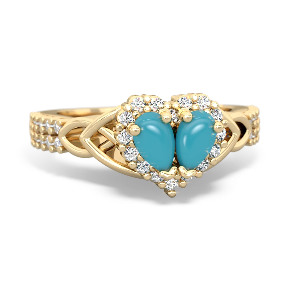 Turquoise Celtic Knot Two Hearts As One 14K Yellow Gold ring R2644HRT