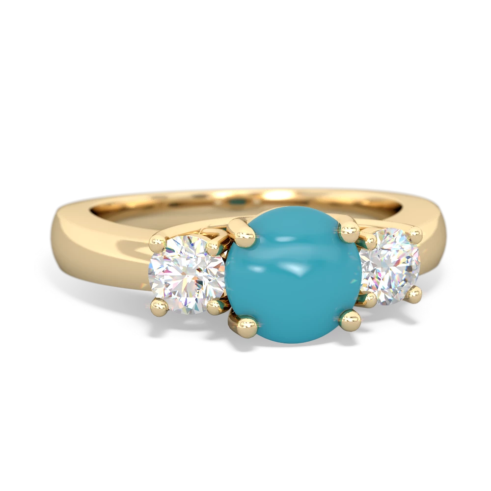 Turquoise Diamond Three Stone Round Trellis 14K Yellow Gold ring R4018