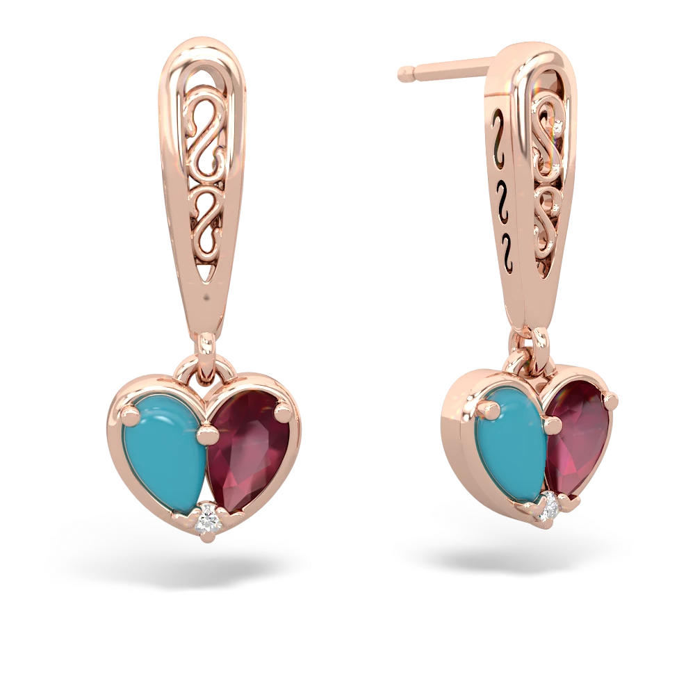 Turquoise Filligree Heart 14K Rose Gold earrings E5070