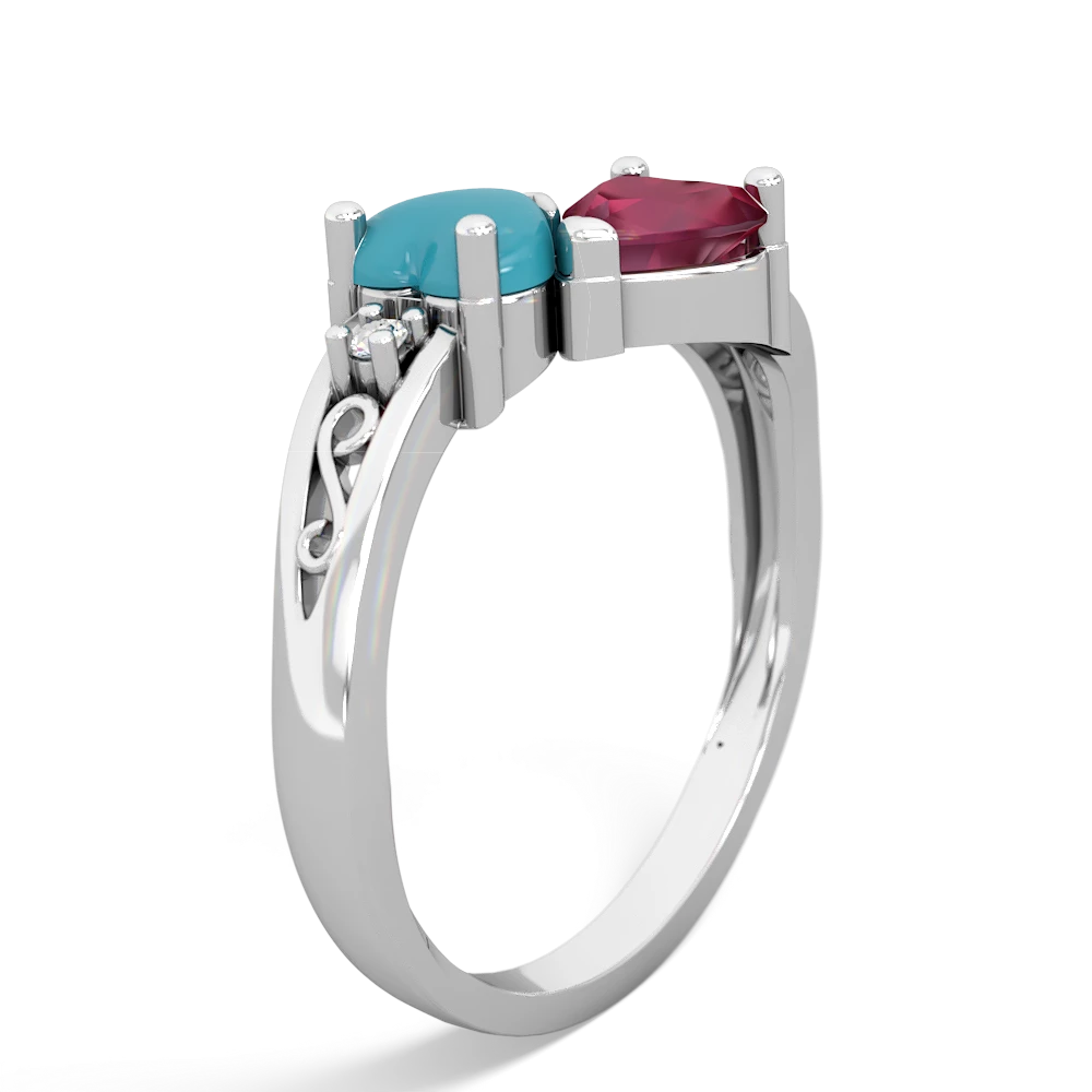 Turquoise Snuggling Hearts 14K White Gold ring R2178