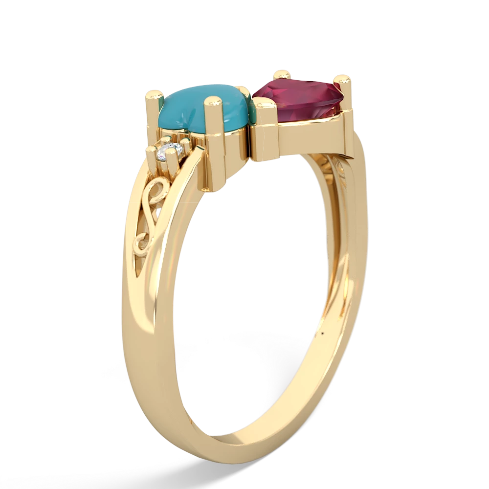 Turquoise Snuggling Hearts 14K Yellow Gold ring R2178